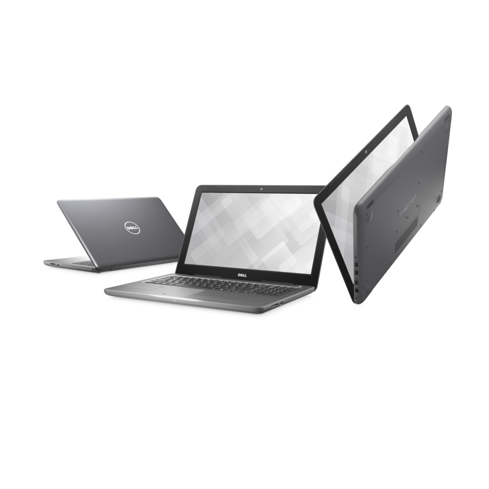 Three Dell Inspiron 15 5000 Series (Model 5567) Touch 15-inch notebook computers with Intel processor, codename Gamora, shown in various orientations.